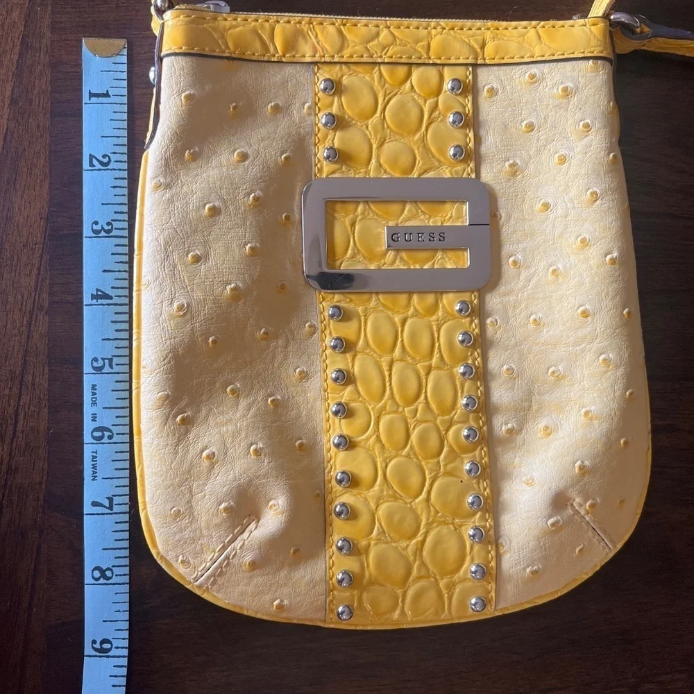 Guess Gold Yellow Crossbody Bag, Floral Print Inside, Silver G